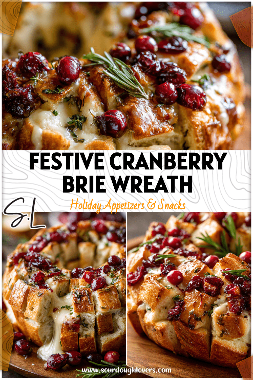Golden sourdough pull-apart wreath filled with melted brie and cranberries on a Christmas Snack Board.